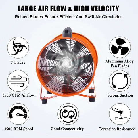 Image of Heavy Duty 12 Inch Utility Blower Exhaust Fan With 16.4 Ft Duct Delivers 3500 CFM High Velocity Ventilation features and benefits.