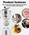 Eight White Silicone Moka Pot Gasket Seal Rings Set For Dama, Venus, Musa, Kitty 6 Cup Models, 7.1 Cm Diameter, Replacement Parts, Easy Install, Durable Espresso Pot Seals shown with a moka pot and coffee grounds.