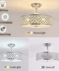 Crystal Chrome Ceiling Light Fixture With 3 Lights Flush Mount Round 15 Inch Chandelier showing warm and cold light settings.