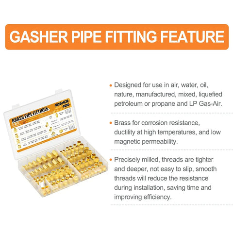 Brass Pipe Fittings 104 Piece Assortment Kit product info with corrosion resistance and precise milling details