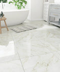 Beige Marble Peel And Stick Vinyl Flooring 12x12 Self Adhesive Tiles Waterproof And Removable 20 Tiles Per Box in bathroom