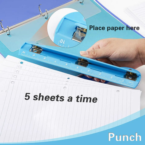 Blue 3 Ring Hole Puncher for Binders with built-in ruler, punching up to five sheets at a time, being used by hand