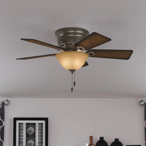 Conroy Onyx Bengal 42 Inch Low Profile Ceiling Fan With LED Light Kit And Pull Chain in a modern living room setting