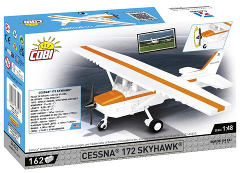 Box of Cessna 172 Orange Skyhawk 1:48 Scale Building Set With 162 Pieces, showing model and details