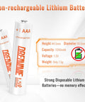 Image of Non Rechargeable AAA Lithium Batteries 24 Pack 1200mAh 1.5V ExtremeTemp Performance, details of battery height and capacity