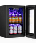 Compact 18L Beverage Cooler Fridge Keeps Drinks Ice Cold, 24 Can Mini Fridge With Quiet Compressor, LED Light, open door view.