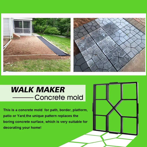 DIY Friendly Walk Maker For Concrete Path Molds Square Two Pack No Brainer Easy Yard Garden Patio Pathway Pavers 15.7 By 15.7 By 1.57 Inch Reusable Stepping Stone Kit shown creating a path and on green background with mold image.