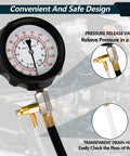 Front view of Amazon fuel pressure tester kit with 0–140 psi dial gauge, brass adapters and transparent drain hose
