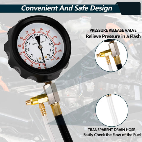 Front view of Amazon fuel pressure tester kit with 0–140 psi dial gauge, brass adapters and transparent drain hose