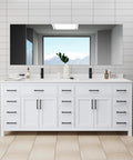 Killer 84 Inch Double Bathroom Vanity In White With Hella Smooth Cultured Marble Countertop And Undermount Square Sinks Paired With Sleek Matte Black Hardware.
