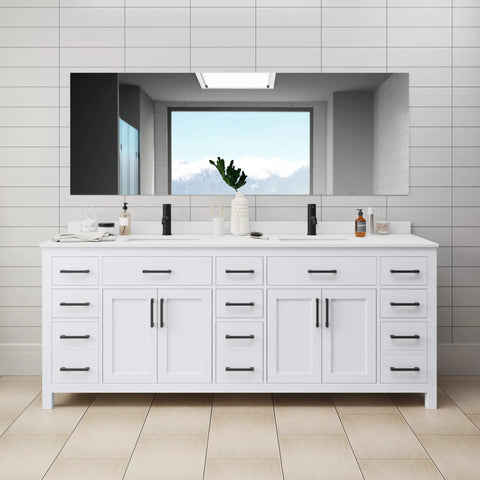 Killer 84 Inch Double Bathroom Vanity In White With Hella Smooth Cultured Marble Countertop And Undermount Square Sinks Paired With Sleek Matte Black Hardware.