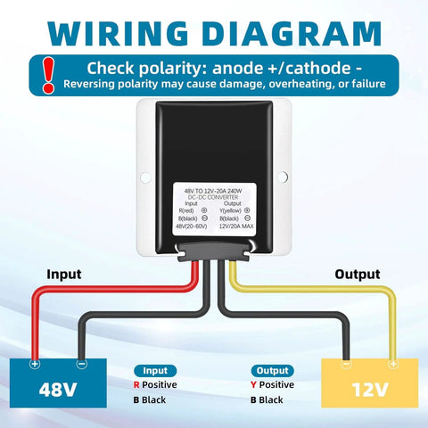 Wiring diagram for Premium DC DC Step Down Converter Boasts 20 Amp 240 Watt Muscle with input and output connections.
