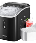Silonn nugget ice maker countertop, black with clear lid, ice bucket and scoop.