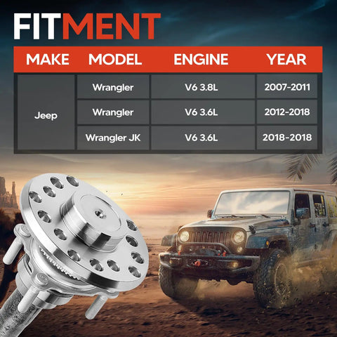 Rear Axle Shaft Assembly With Bearing And Seal For Wrangler 2007 Through 2011 3 8L And 2012 Through 2018 3 6L Models Rear Left Or Right Fit Ready To Roll Works With DSA Anti Spin Or DS8 Conventional Axle OE 630338 68003272AA YAWD4421830, Jeep Wrangler fitment chart and axle close-up