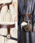 No Cap Brown Faux Leather Belt Pouch And Coin Purse Set For Ren Faire Medieval Festival Halloween Waist Bag Featuring Detachable Strap with sword holder.