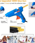 New upgraded 100W glue gun with aluminum alloy nozzle, features glue control and power switches, ideal for crafts and repairs.