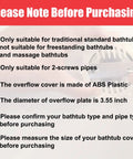 Instructions for Slick Matte Black Tub Overflow Cover For Traditional Standard Bathtubs detailing size and fit for proper installation.