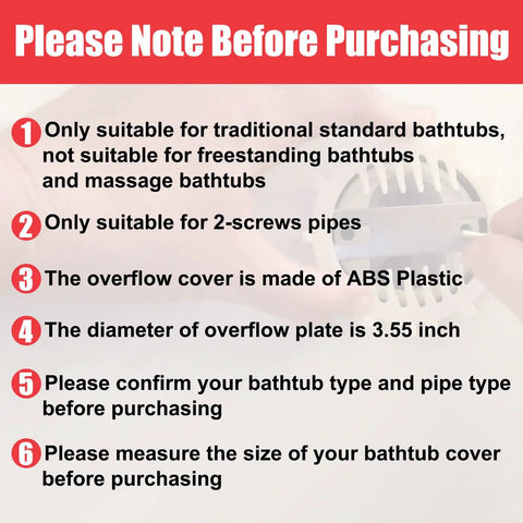 Instructions for Slick Matte Black Tub Overflow Cover For Traditional Standard Bathtubs detailing size and fit for proper installation.