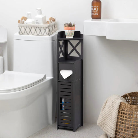 Slim Toilet Paper Storage Cabinet For Tiny Bathrooms, Narrow Corner Shelf With Doors And Shelves, 29.9 Inch Tall, Black, in restroom