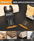 Badass 50 Piece Oscillating Tool Blade Set Featuring 45 Curved Edge And 5 Titanium Straight Cutters For Cutting Wood Plastic Drywall Metal Demolition Tasks Quick Swap Universal Lock display with curved edge blade for wood and plastic.