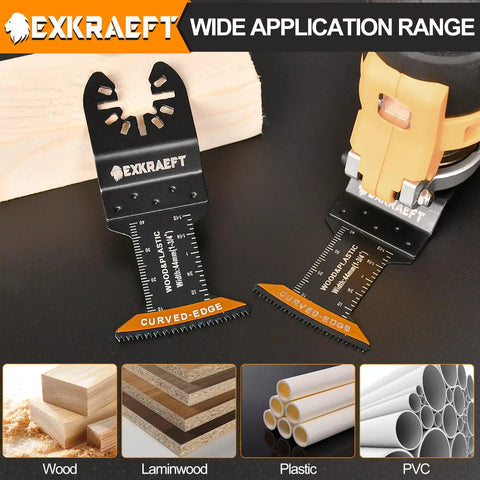 Badass 50 Piece Oscillating Tool Blade Set Featuring 45 Curved Edge And 5 Titanium Straight Cutters For Cutting Wood Plastic Drywall Metal Demolition Tasks Quick Swap Universal Lock display with curved edge blade for wood and plastic.