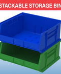 Blue and green stackable storage bins, 75 lb capacity, plastic organizers for pantry, garage, and craft room, 15 x 16 x 7 inches.