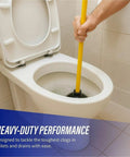 Value Plus Plunger With Flexible Seal And Long Wood Handle For Easy Toilet And Drain Unclogging in action on a white toilet