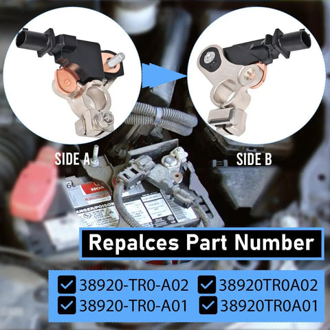 Top Shelf Battery Current Sensor Straight Up Smooth Swap For Honda Civic And Acura Rdx Ilx Direct Bolt On Replacement Matches Factory Specs OE 38920 Tr0 A01 A02 Fits 2012 To 2021 viewed from two angles showing sides A and B.