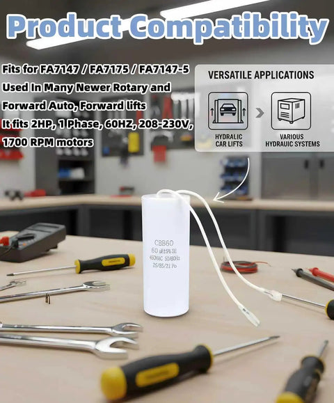 Heavy Duty 60UF Motor Capacitor For 2HP 1 Phase 208-230V 60Hz 1700RPM Rotary Forward Auto Lift Power Units Built To Last Top Notch Start Up And Smooth Run Performance shown with tools in workshop.