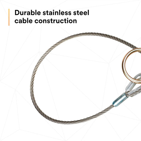 Job Ready Anchorage Connector Pass Thru Tie Off Adaptor For Safety Harnesses Six Foot Stainless Steel Cable, close-up view.