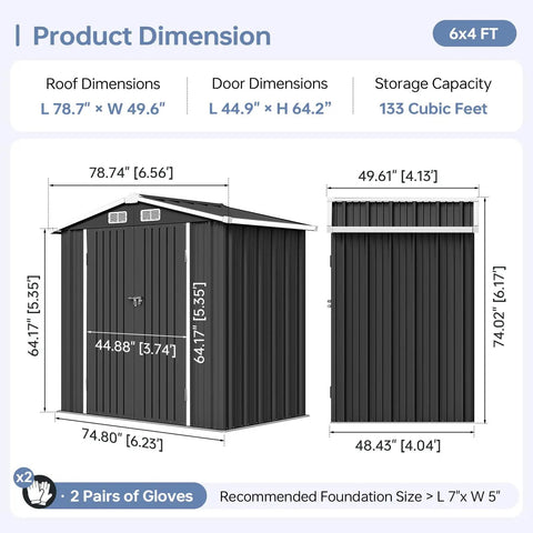 Beefy 6x4 Ft Outdoor Storage Shed For Metal Garden Tools With Sloped Roof And Lockable Door dimensions illustration