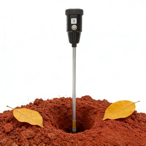 2-In-1 Soil Moisture Meter And PH Tester With A 12 Inch Probe inserted in soil, showing durable weather resistant build for plant care