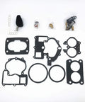 All In One Mercruiser Marine Carburetor Kit With Float For 2 Barrel 3.0L 4.3L 5.0L 5.7L Engines Drop In Ready Direct Fit Replacement 3302 804844002 19032C laid out on white background