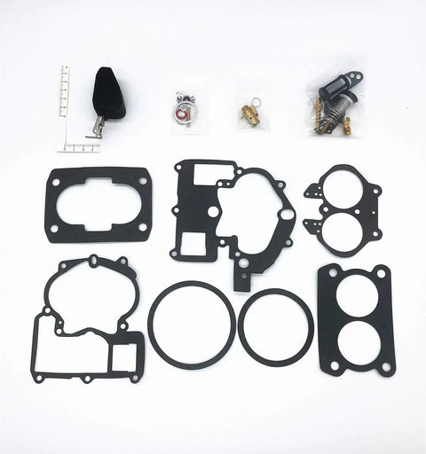All In One Mercruiser Marine Carburetor Kit With Float For 2 Barrel 3.0L 4.3L 5.0L 5.7L Engines Drop In Ready Direct Fit Replacement 3302 804844002 19032C laid out on white background
