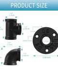 Black Pipe Fittings Half Inch 30 Pack Floor Flange Elbow Tee Combo For Industrial Vintage DIY Furniture Shelving Projects Ultra Durable Black Iron 100 Percent Tested For Extra Strength And Long Lasting Use, showing product dimensions for flange, elbow, and tee.