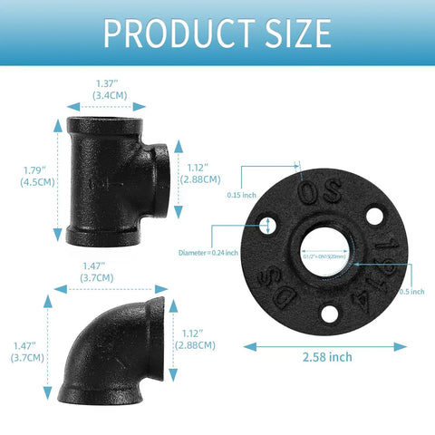 Black Pipe Fittings Half Inch 30 Pack Floor Flange Elbow Tee Combo For Industrial Vintage DIY Furniture Shelving Projects Ultra Durable Black Iron 100 Percent Tested For Extra Strength And Long Lasting Use, showing product dimensions for flange, elbow, and tee.