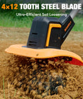 Upgraded Cordless Garden Tiller With Dual 2.0Ah Batteries, 9-Inch Width, 48 Steel Tines, Rototiller Cultivator in action on soil.
