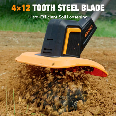 Upgraded Cordless Garden Tiller With Dual 2.0Ah Batteries, 9-Inch Width, 48 Steel Tines, Rototiller Cultivator in action on soil.