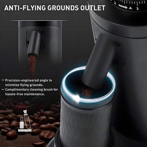 Kickstart Your Daily Brew With This No Fuss Commercial Coffee Grinder equipped with precision anti-flying grounds outlet.