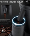 Detail of anti-flying grounds outlet on single dose electric coffee grinder for precise brewing.