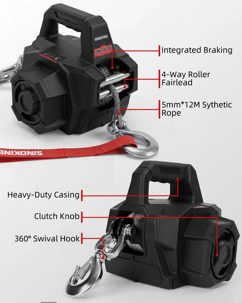 Portable 1500 Lb Drill Winch With 40 Ft Synthetic Rope Free Spool Clutch And 360 Degree Swivel Hook For ATV Farm Trailer Rescue And Heavy Duty Outdoor Pulling, 5mm rope