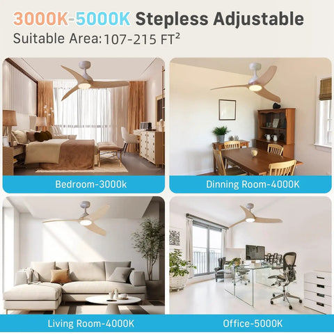 42 Inch Low Profile Ceiling Fan With Light And Remote in different rooms, showcasing 3CCT dimmable LED stepless adjustable color.