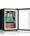 Compact 2.1 Cubic Foot Upright Freezer Featuring Precision Temperature Controls And Sturdy Removable Shelves loaded with ice cream and pizza.