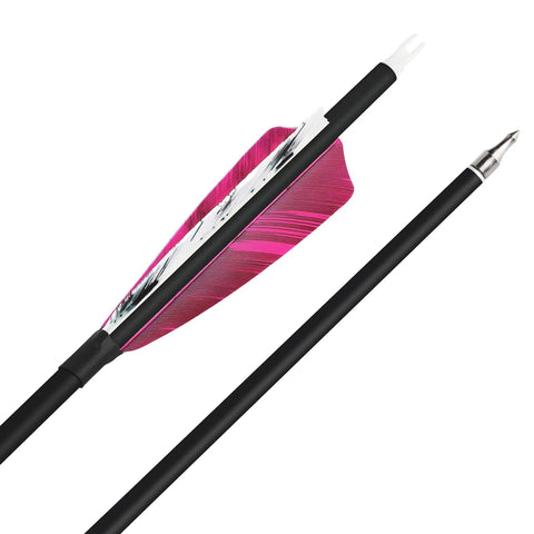 Close-up of a carbon arrow showing 4 inch turkey feather fletching and 100 grain removable field tips, used for target practice and hunting.