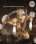 UBNMIUBV Shower System, Antique Brass Shower Faucets Set displaying dual knobs and swivel spout with porcelain details.