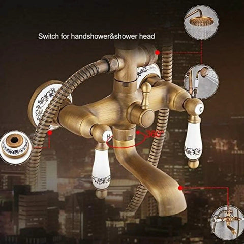 UBNMIUBV Shower System, Antique Brass Shower Faucets Set displaying dual knobs and swivel spout with porcelain details.