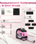 Two In One Laser Tape Measure With 215 Ft Laser Range And 16 Ft Manual Tape, Clear Laser Distance Readout On Screen, Post Datum Mode For Starting Measurements, Durable Ergonomic Grip, Pro Grade Tool For DIY Builders And Pros. Instruction graphic showing unit setting mode and front or rear reference point.