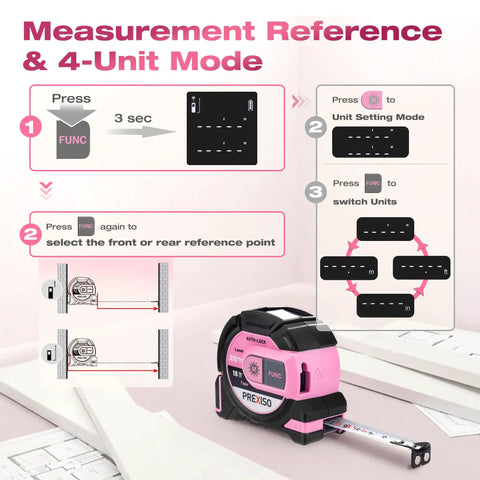 Two In One Laser Tape Measure With 215 Ft Laser Range And 16 Ft Manual Tape, Clear Laser Distance Readout On Screen, Post Datum Mode For Starting Measurements, Durable Ergonomic Grip, Pro Grade Tool For DIY Builders And Pros. Instruction graphic showing unit setting mode and front or rear reference point.