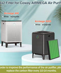 Max2 400 Series Replacement Filter For Airmega 400 400S 400G Purifier shown next to Airmega purifiers, highlighting filter change reminder