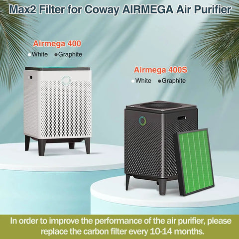 Max2 400 Series Replacement Filter For Airmega 400 400S 400G Purifier shown next to Airmega purifiers, highlighting filter change reminder